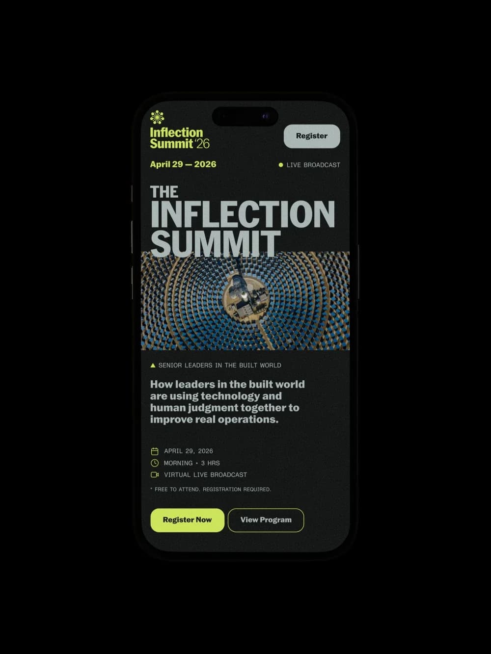 The Inflection Summit's homepage on a phone: the event's title over an aerial photograph of a solar power plant, with Register Now and View Program buttons.